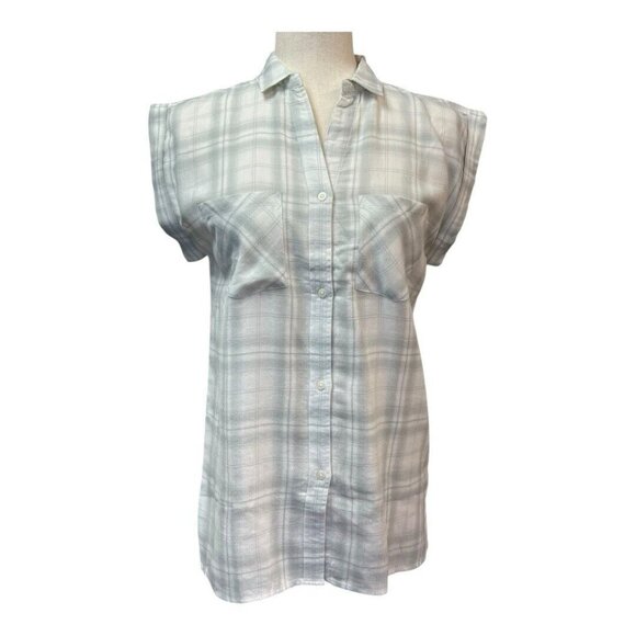 UNTUCKIT Womens Villefranche Button Up Blouse~Size 2~Gray Ivory Plaid NWOT L5 15 - Picture 2 of 12